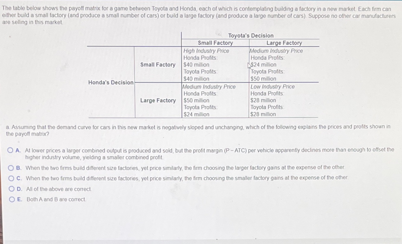  The table below shows the payoff matrix for a game between