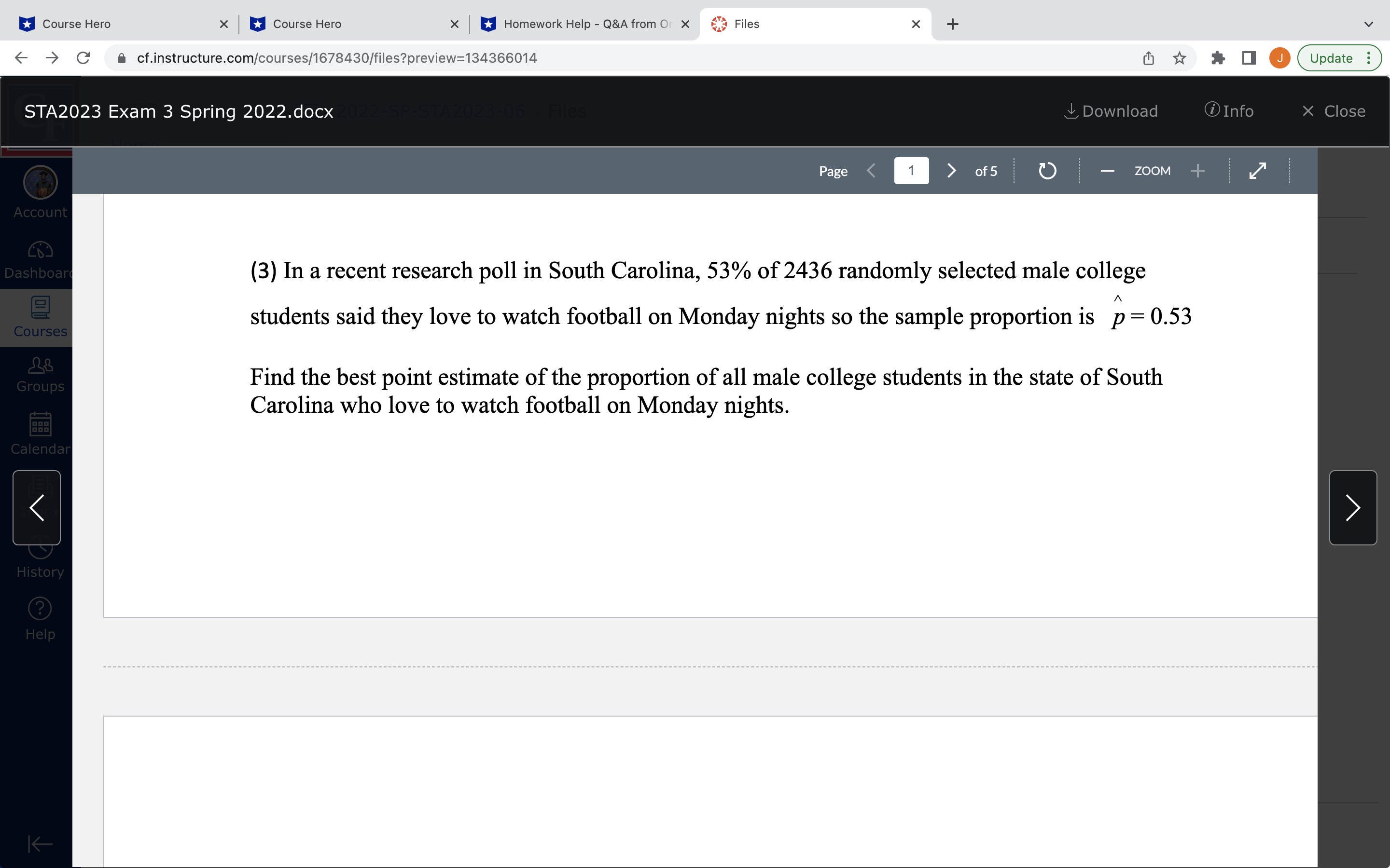 Or X Files X + a cf.instructure.com/courses/1678430/files?preview=134366014 Update : STA2023 Exam 3