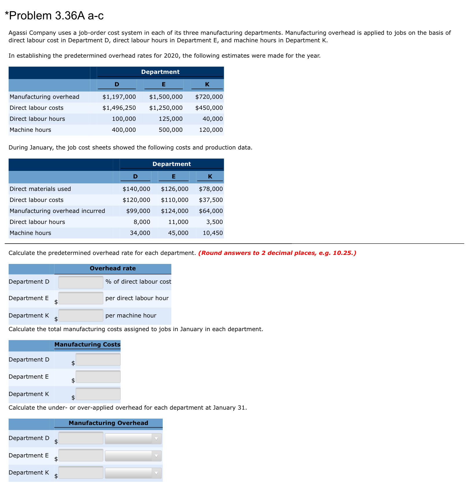 Please answer. *Problem 3.36A a-c Agassi Company uses a job-order cost system