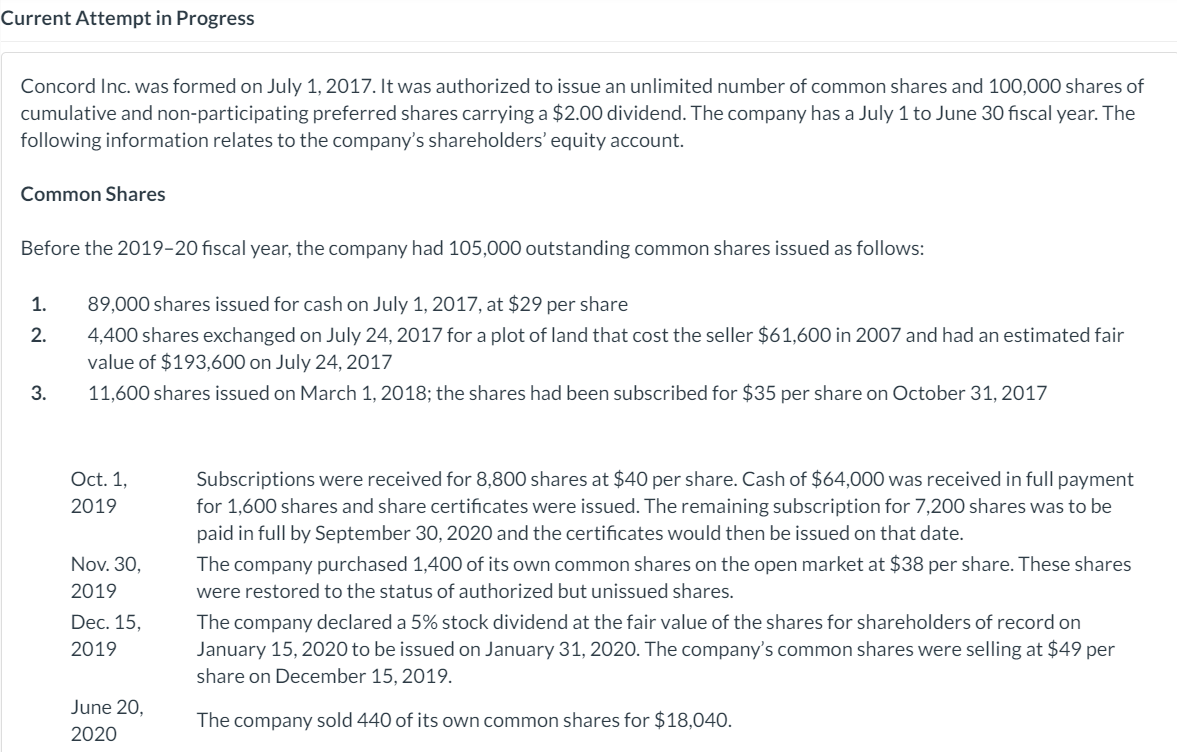 The following information relates to the company's shareholders' equity account. Common Shares