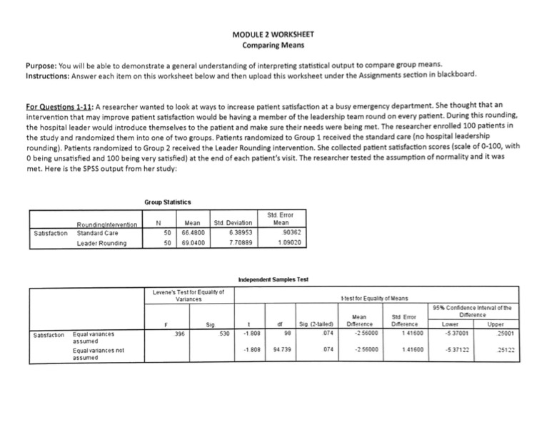  MODULE 2 WORKSHEET Comparing Means Purpose: You will be able to