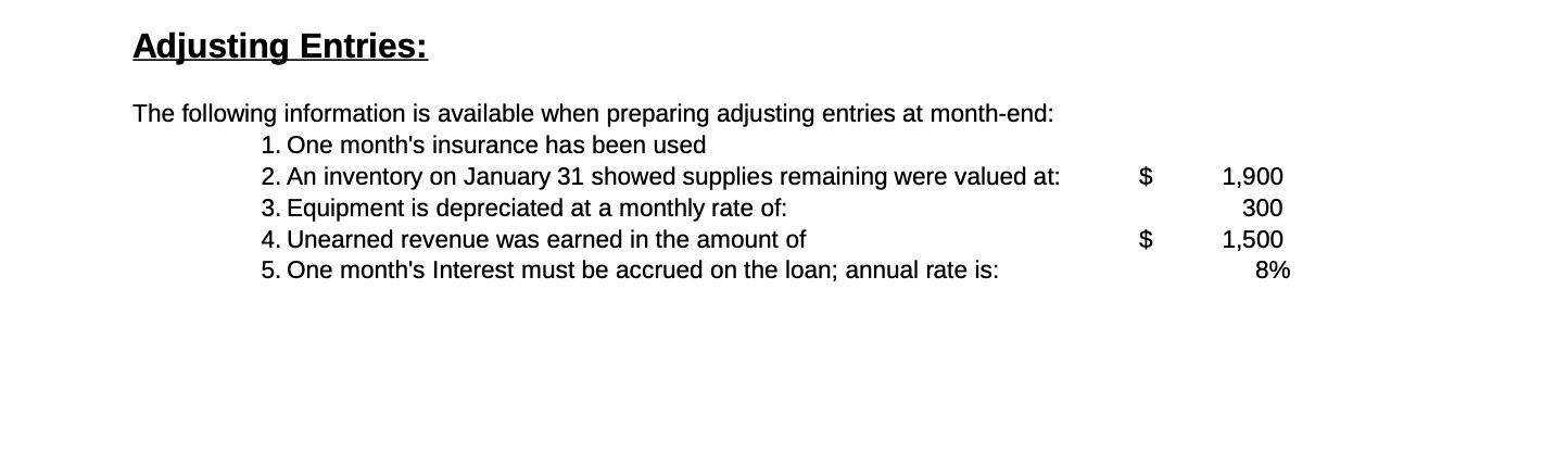 at month-end: 1. One month's insurance has been used 2. An inventory