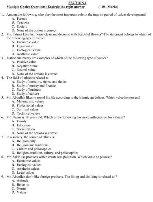  SECTION-I Multiple Choice Questions: Encircle the right answer (..10...Marks) 1. Among