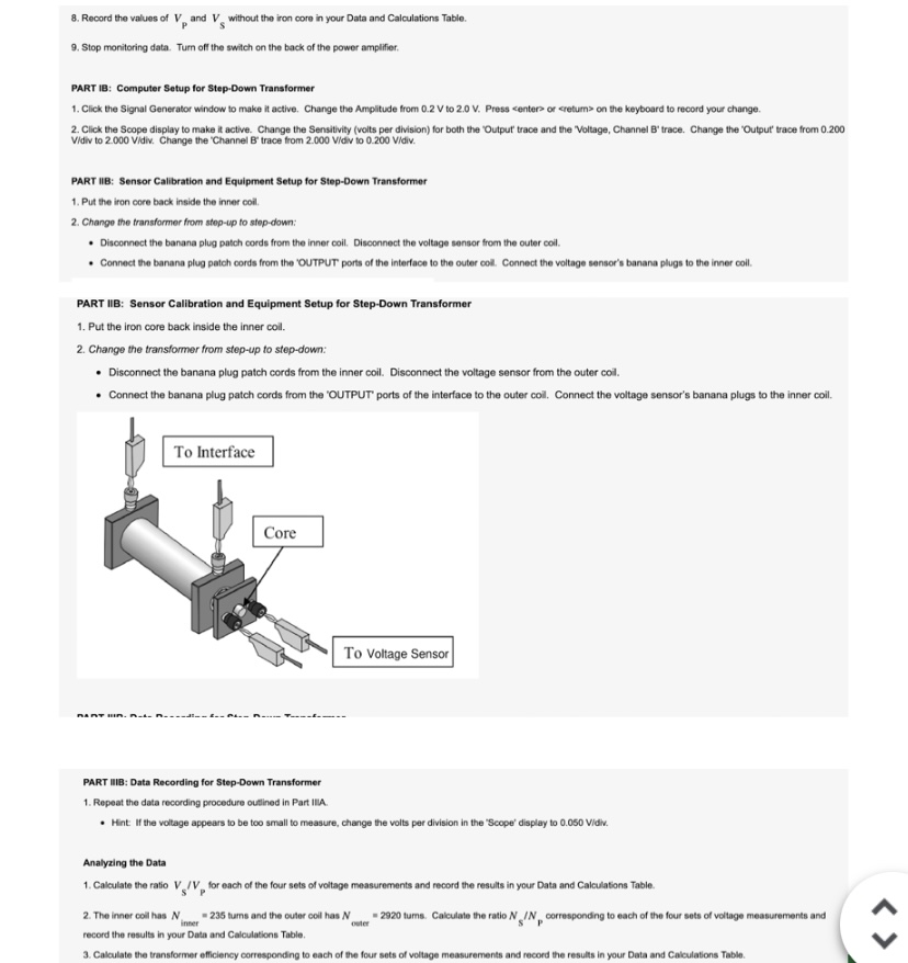 primary, outer secondary): VP = 0.200 V, VS = 2.410 V step-up