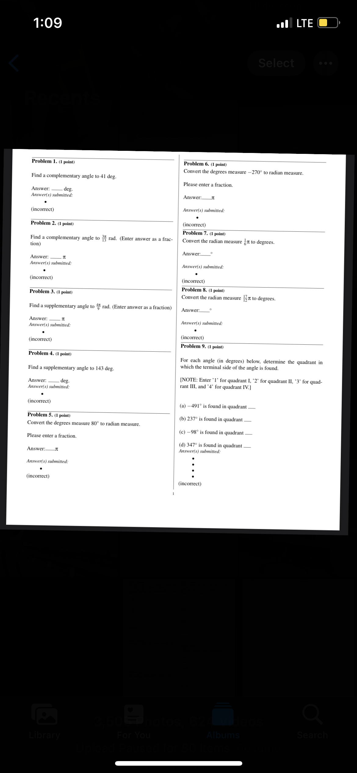 1:09 Problem 1. point) Find a complementary angle to 41 deg. Answer:
