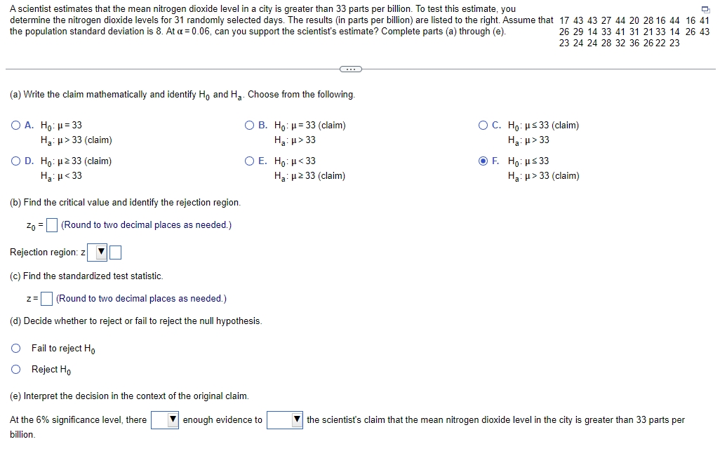 The results (in parts per billion} are listed to the right. Assume