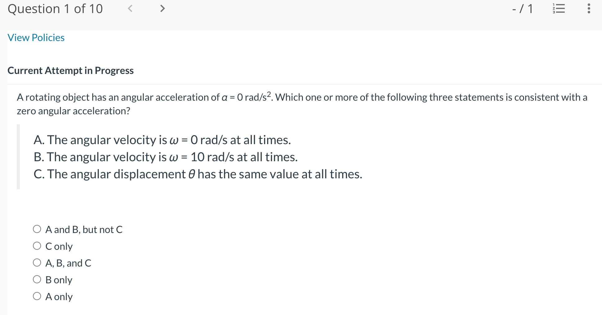 Question 1 of10 > -/1 E View Policies Current Attempt in