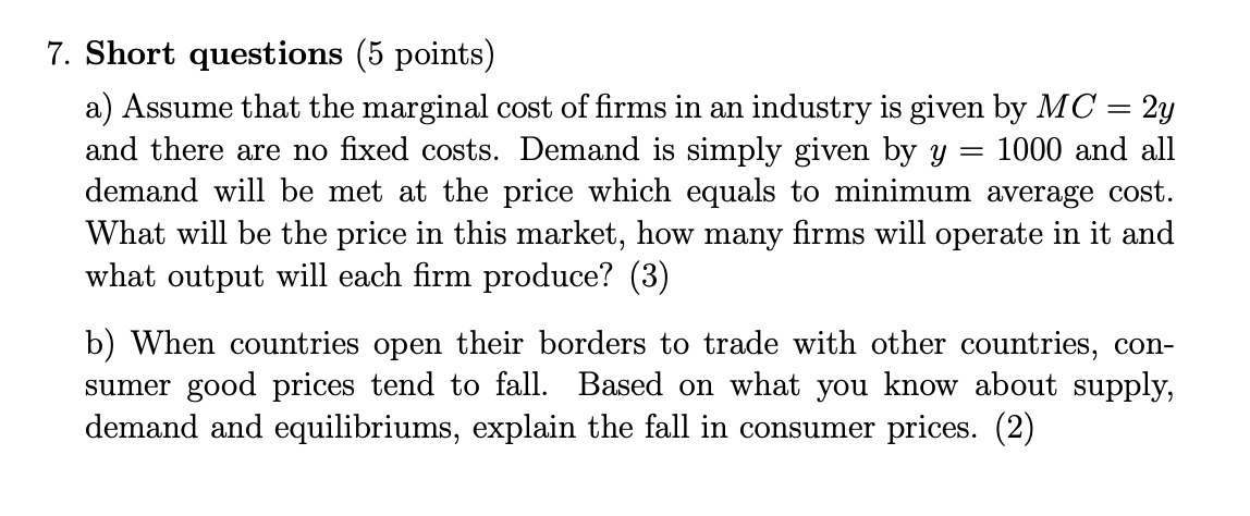 of firms in an industry is given by M C = 2y