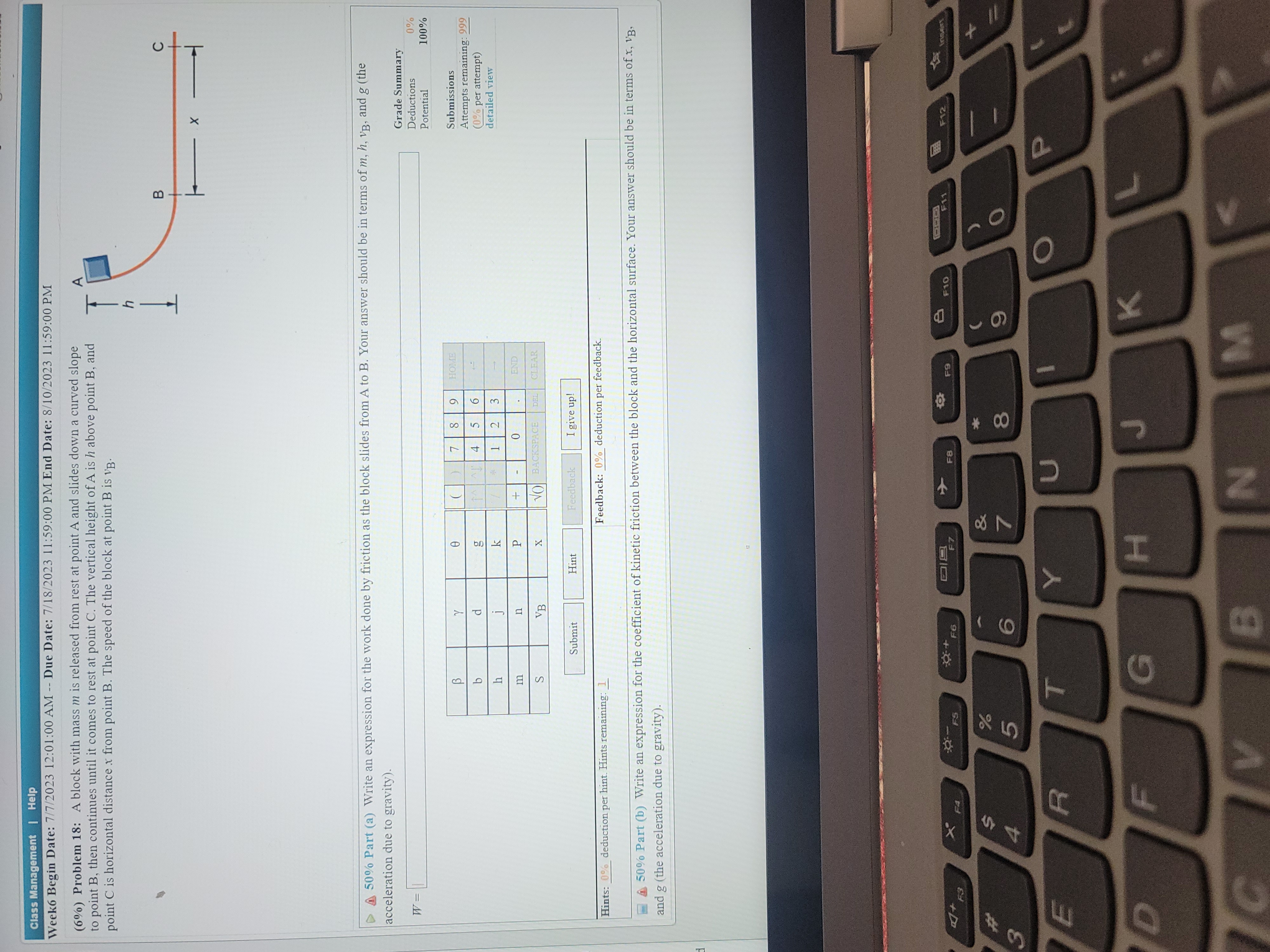 x from point B. The speed of the block at point B