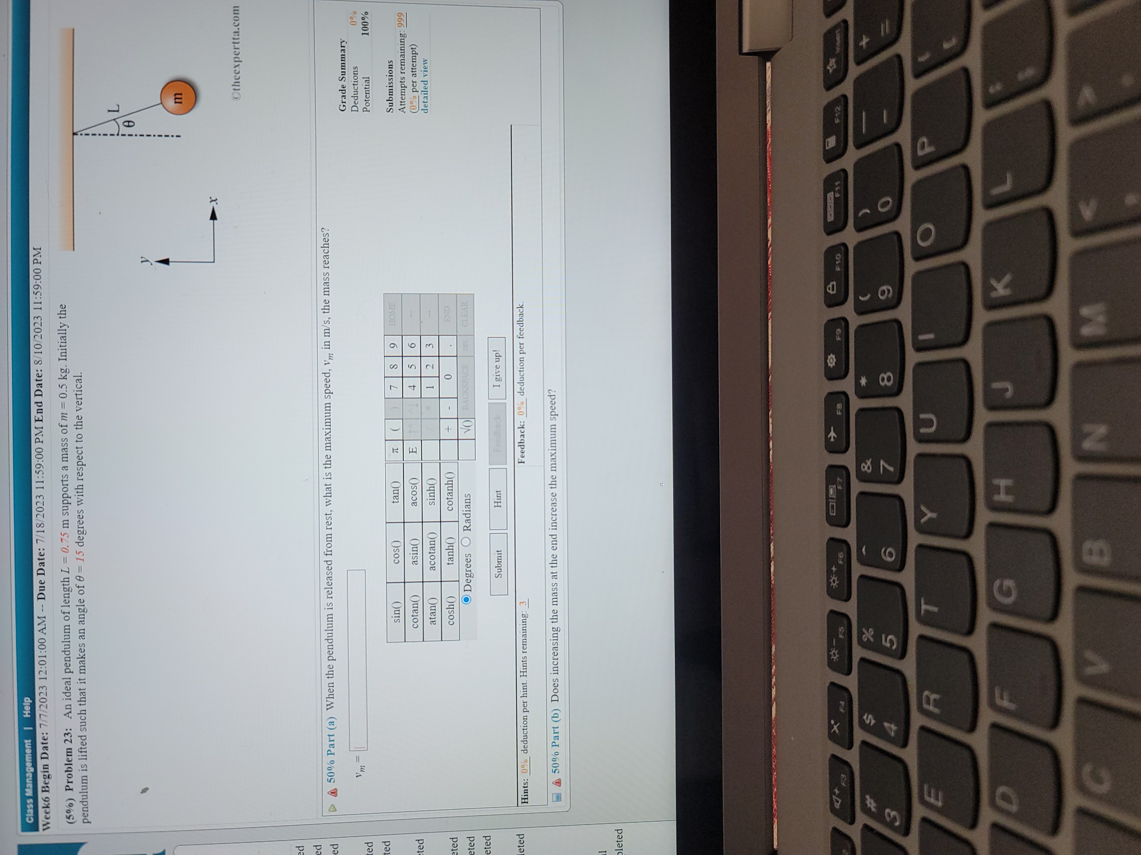 A to B. Your answer should be in terms of m, h,