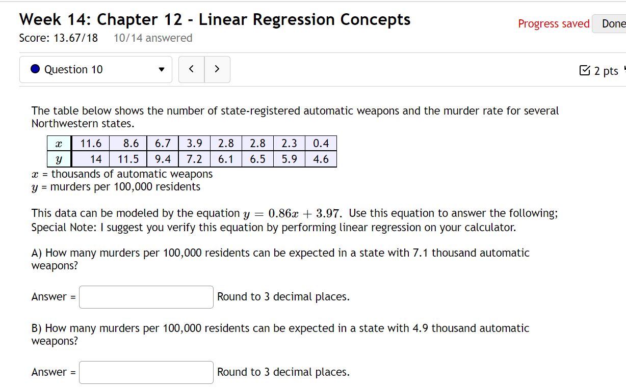  Week 14: Chapter 12 - Linear Regression Concepts progresssaved Done Score: