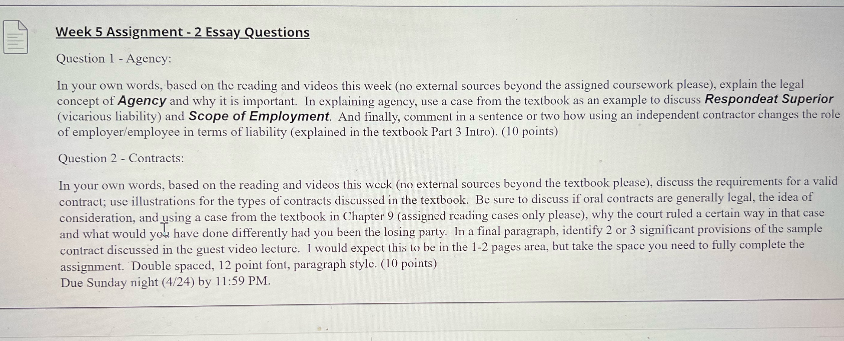 Agency and contracts Week 5 Assignment - 2 Essay Questions Question 1