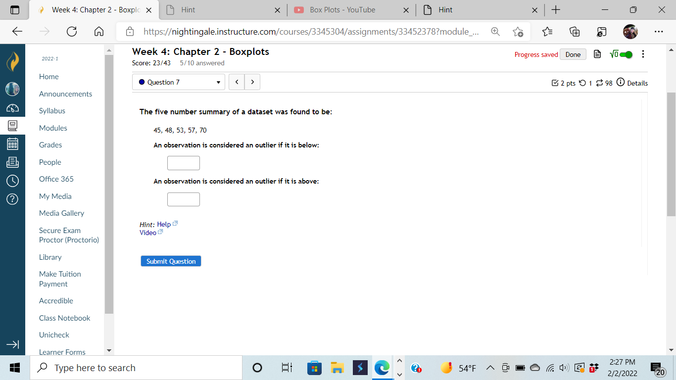 - YouTube x Hint X + X C https:/ightingale.instructure.com/courses/3345304/assignments/33452378?module_... @ to .