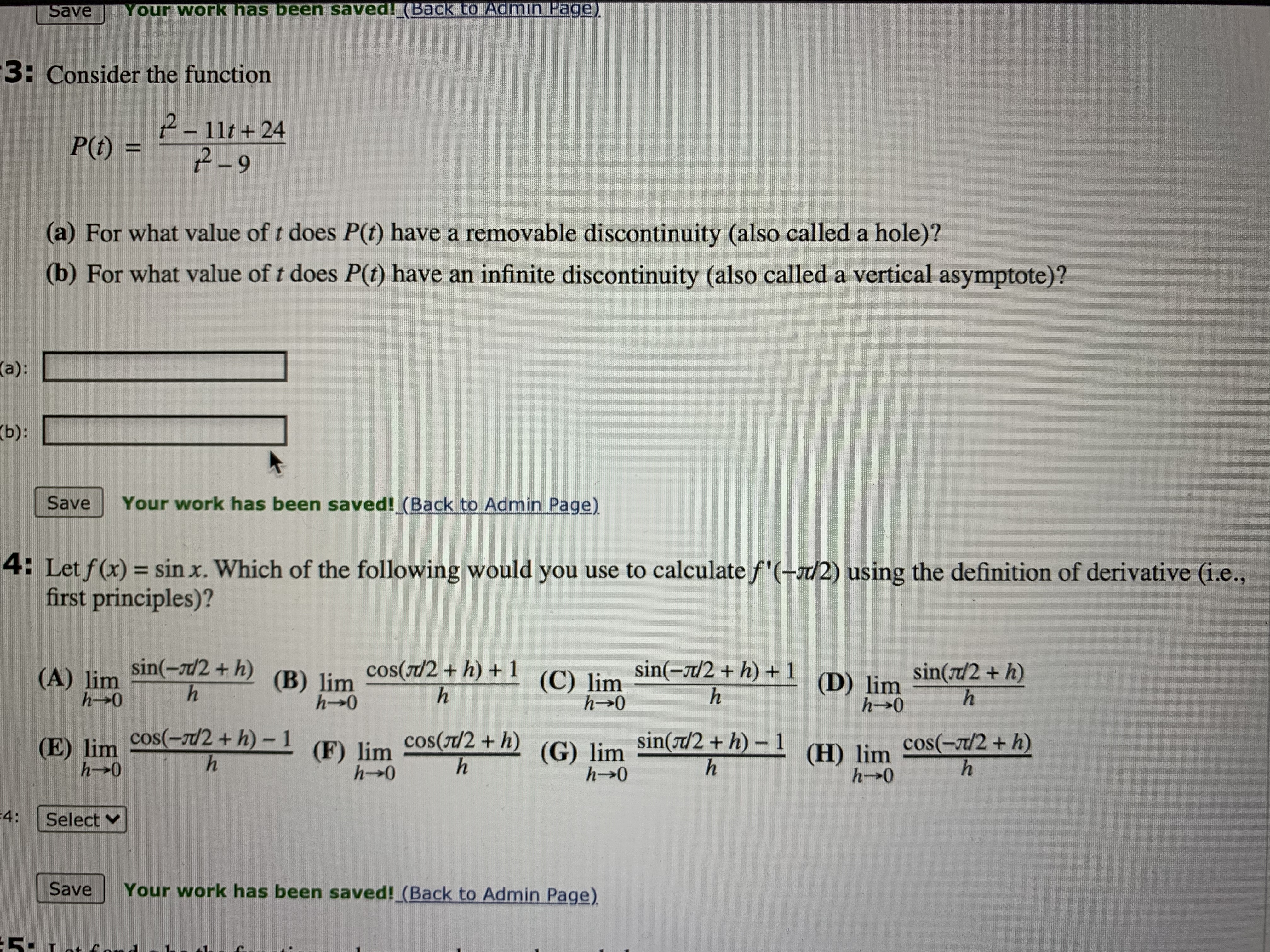 Calculus questions Save Your work has been saved! (Back to Admin Page)
