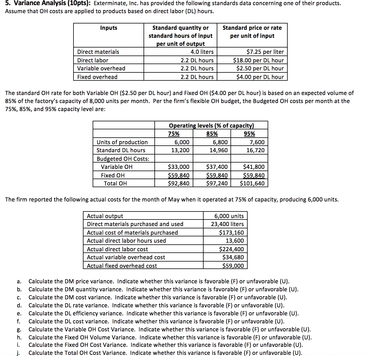 Please Help Solve. 5. Variance Analysis (10pts): Exterminate, Inc. has provided the