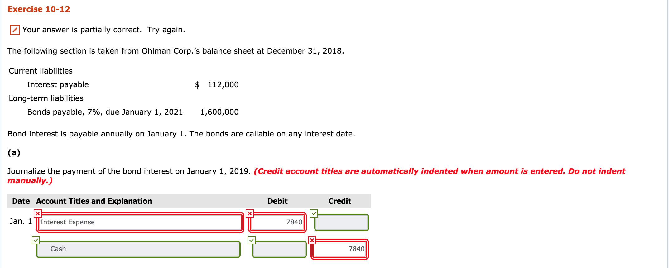 question. thank you. Exercise 10-12 Your answer is partially correct. Try again.