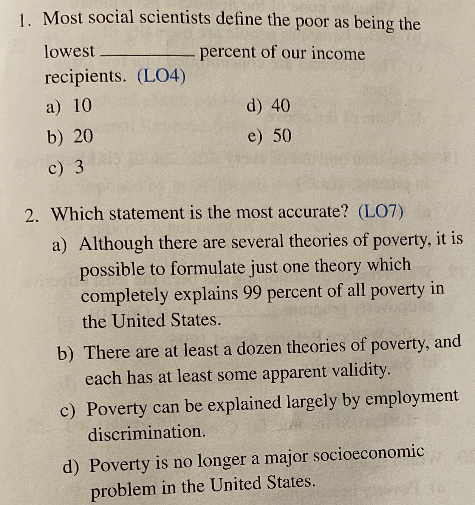 percent of our income recipients. (LO4) a) 10 d) 40 b) 20