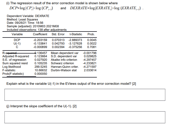 below where DCP=log |CP,-log (CP,_.) and DEXRATE=log [EXRATE,)-log (EXRATE,_,) . Dependent Variable: