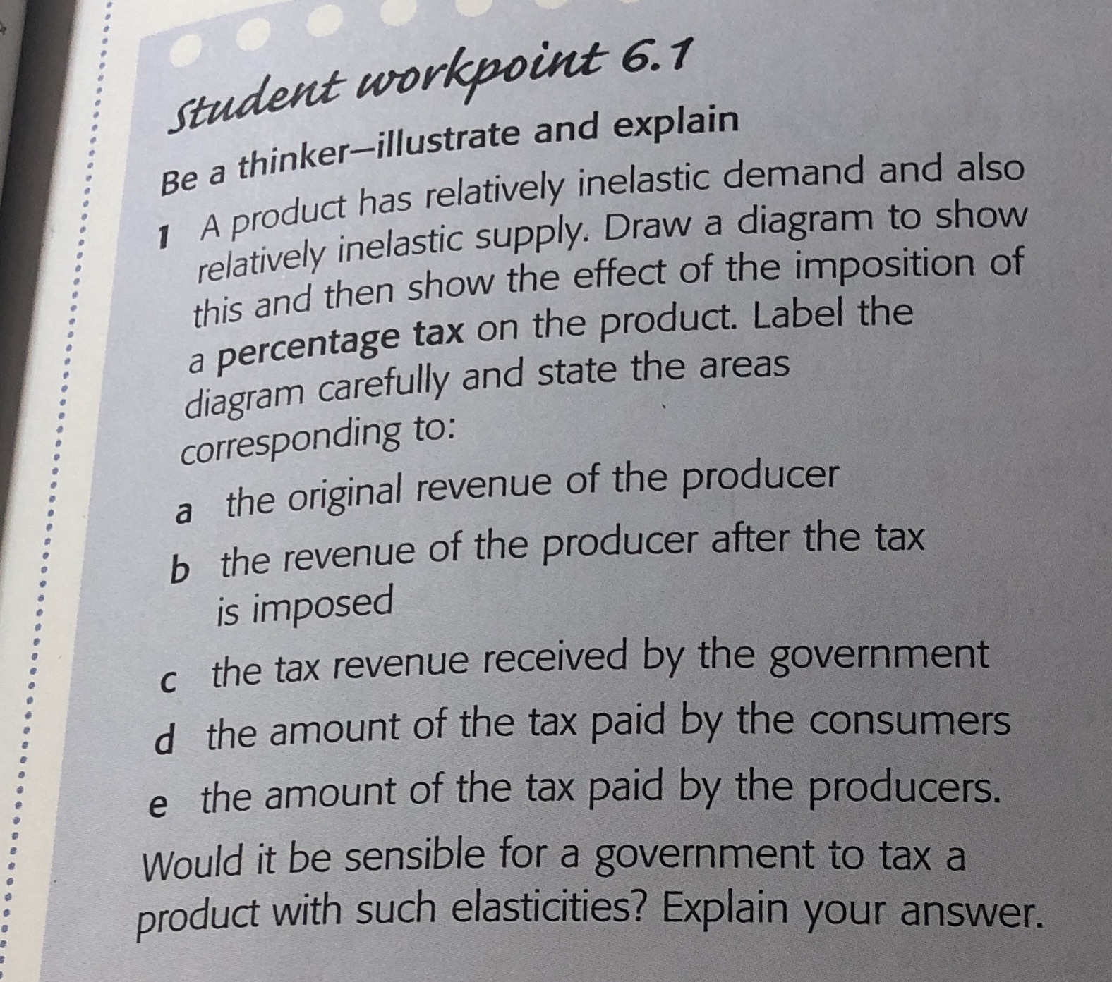 has relatively inelastic demand and also relatively inelastic supply. Draw a diagram