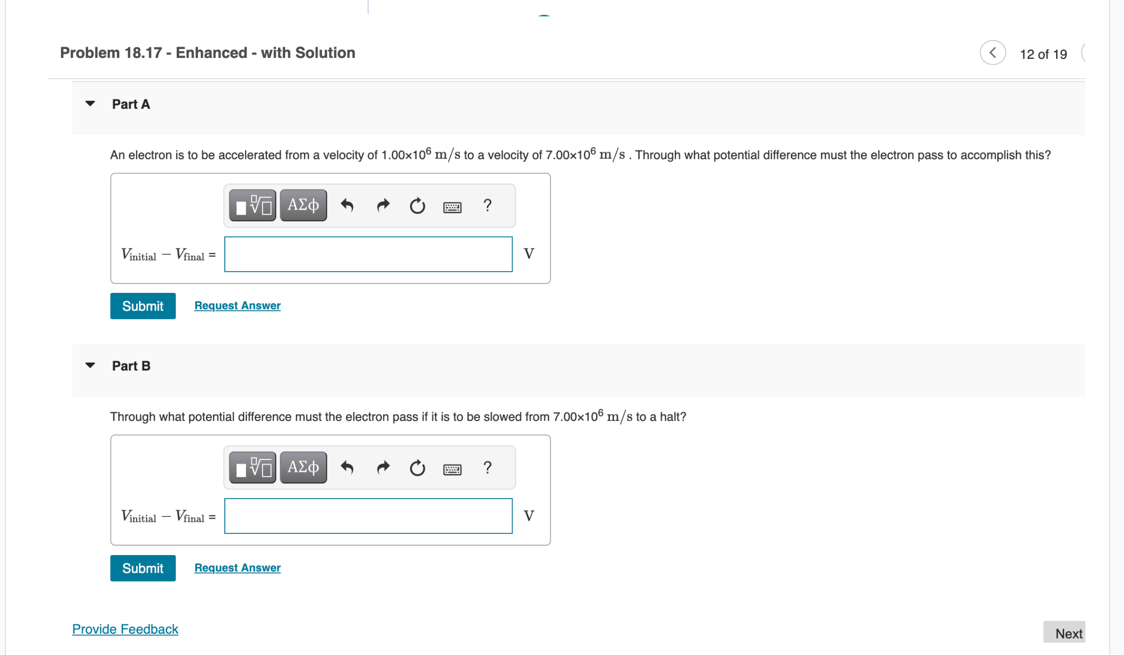 Problem 18.17 - Enhanced - with Solution Part A An electron is