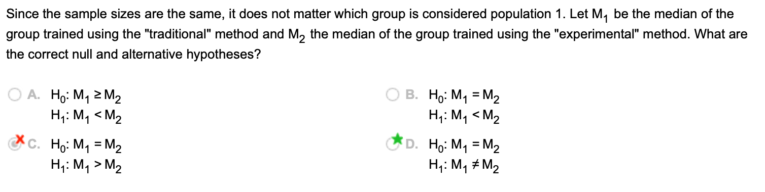 median of the group trained using the "traditional" method and M2 the