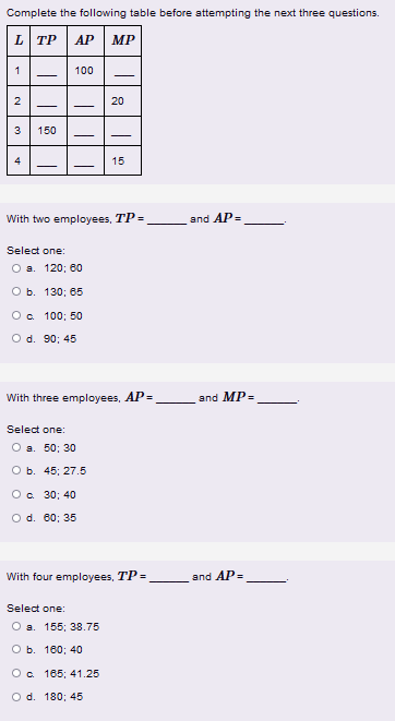 Complete the following table before attempting the next three questions. L