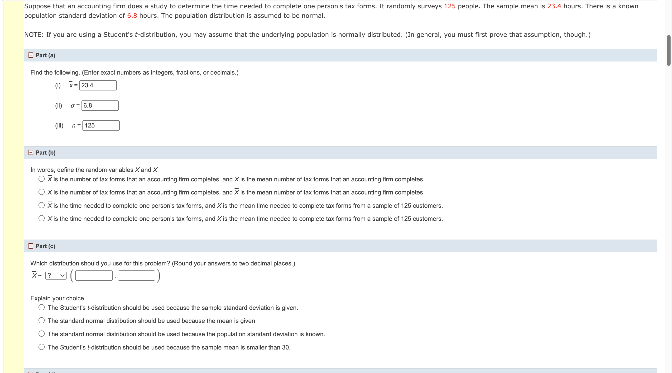 people. The sample mean is 23.4 hours. There is a known population