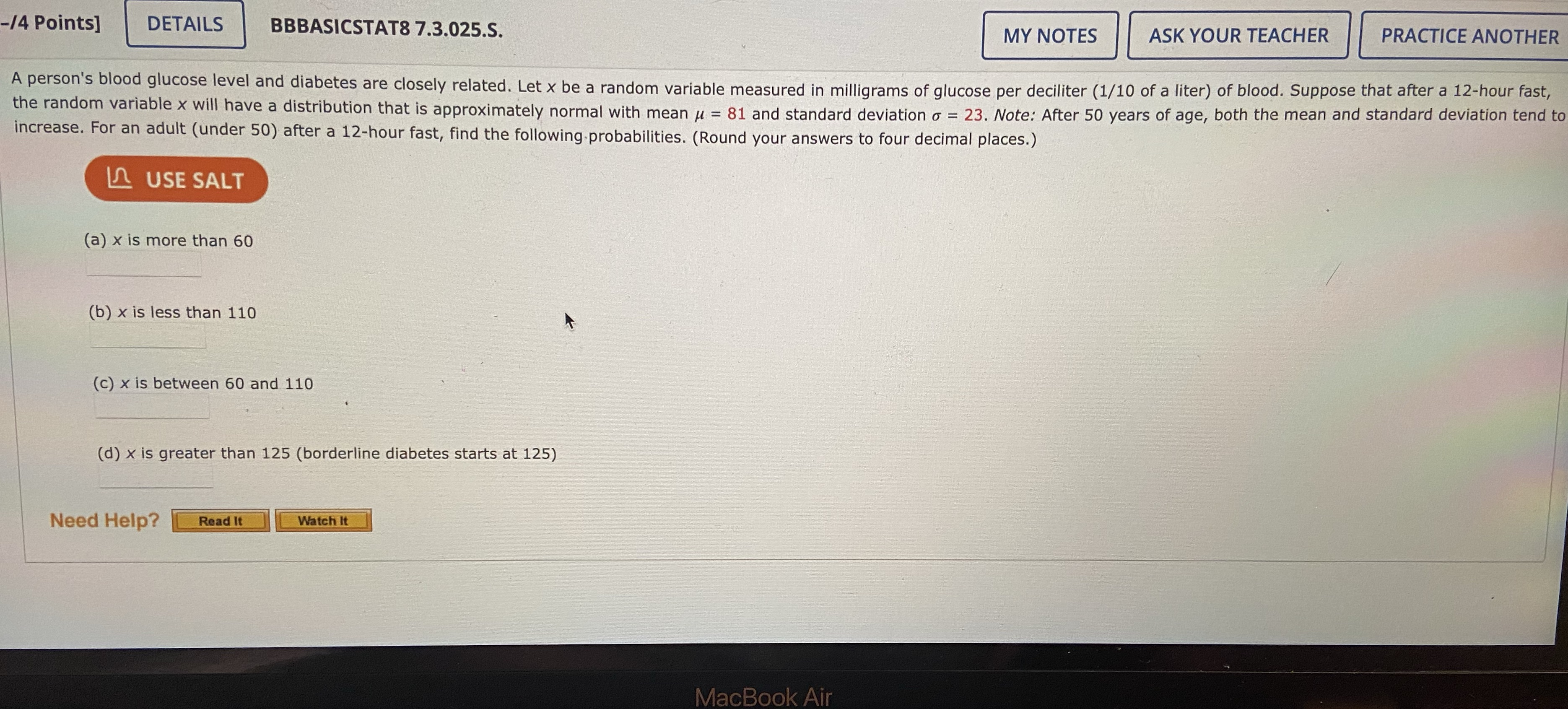  -/4 Points] DETAILS BBBASICSTAT8 7.3.025.S. MY NOTES ASK YOUR TEACHER PRACTICE