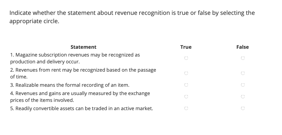 Help on homework question? Indicate whether the statement about revenue recognition is