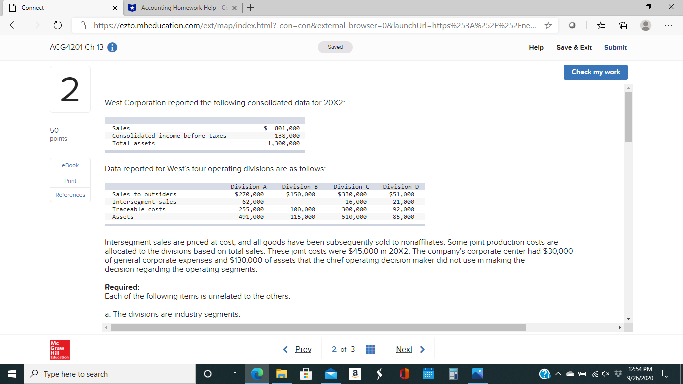 work 2 West Corporation reported the following consolidated data for 20X2: 50
