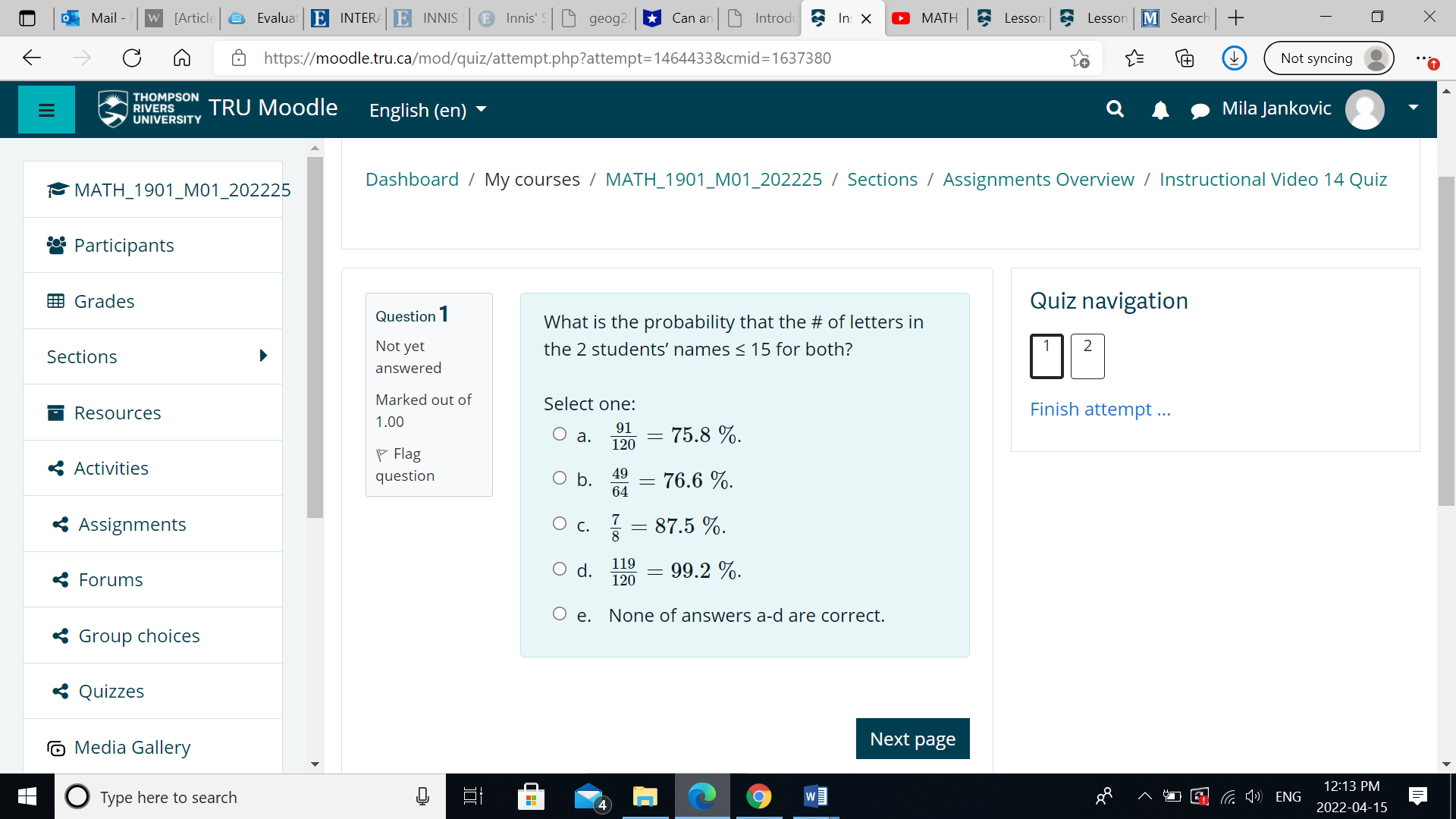 Q Mila Jankovic MATH_1901_M01_202225 Dashboard / My courses / MATH_1901_M01_202225 / Sections