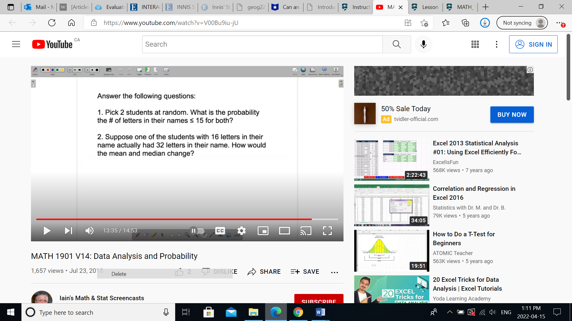 Question 1 What is the probability that the # of letters in