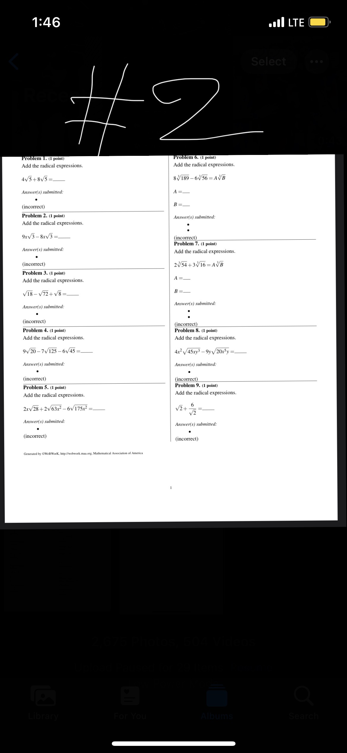 6. (1 point) Add the radical expressions. Add the radical expressions. 4V5+8v5=_
