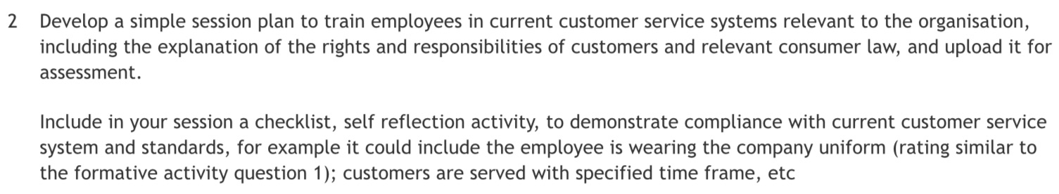 Bsbcus403 2 Develop a simple session plan to train employees in current