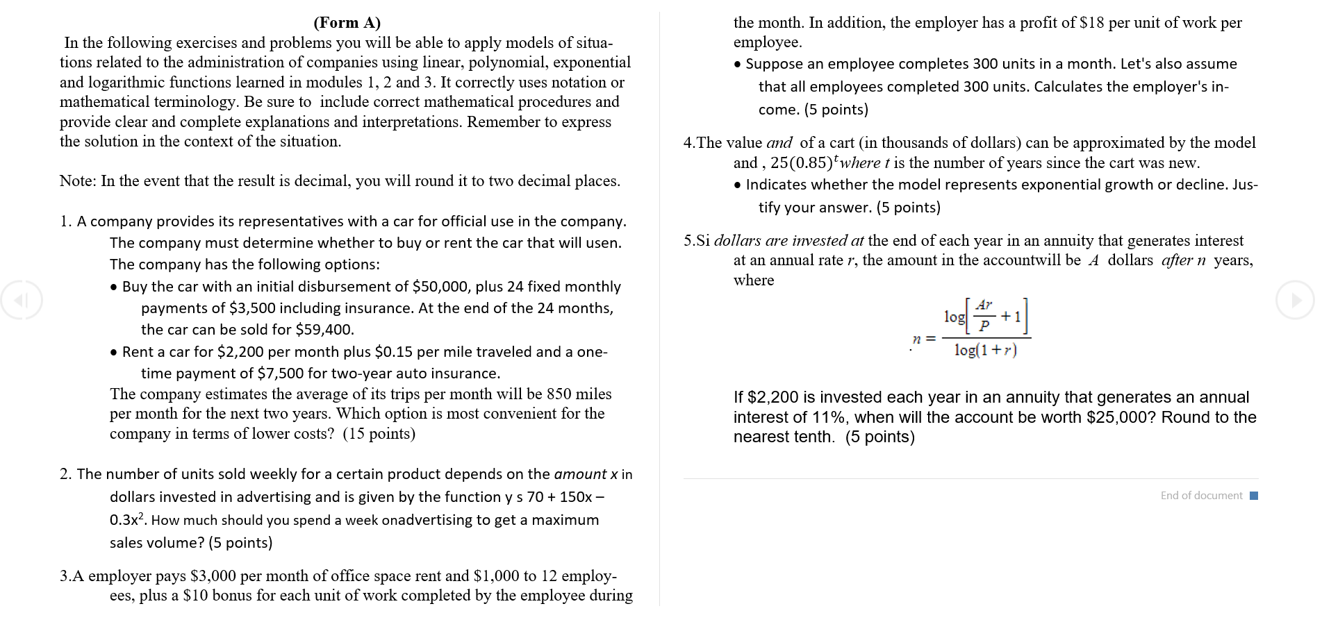 Application problems (assessment)EXERCISES PROBLEMS (Form A) In the following exercises and