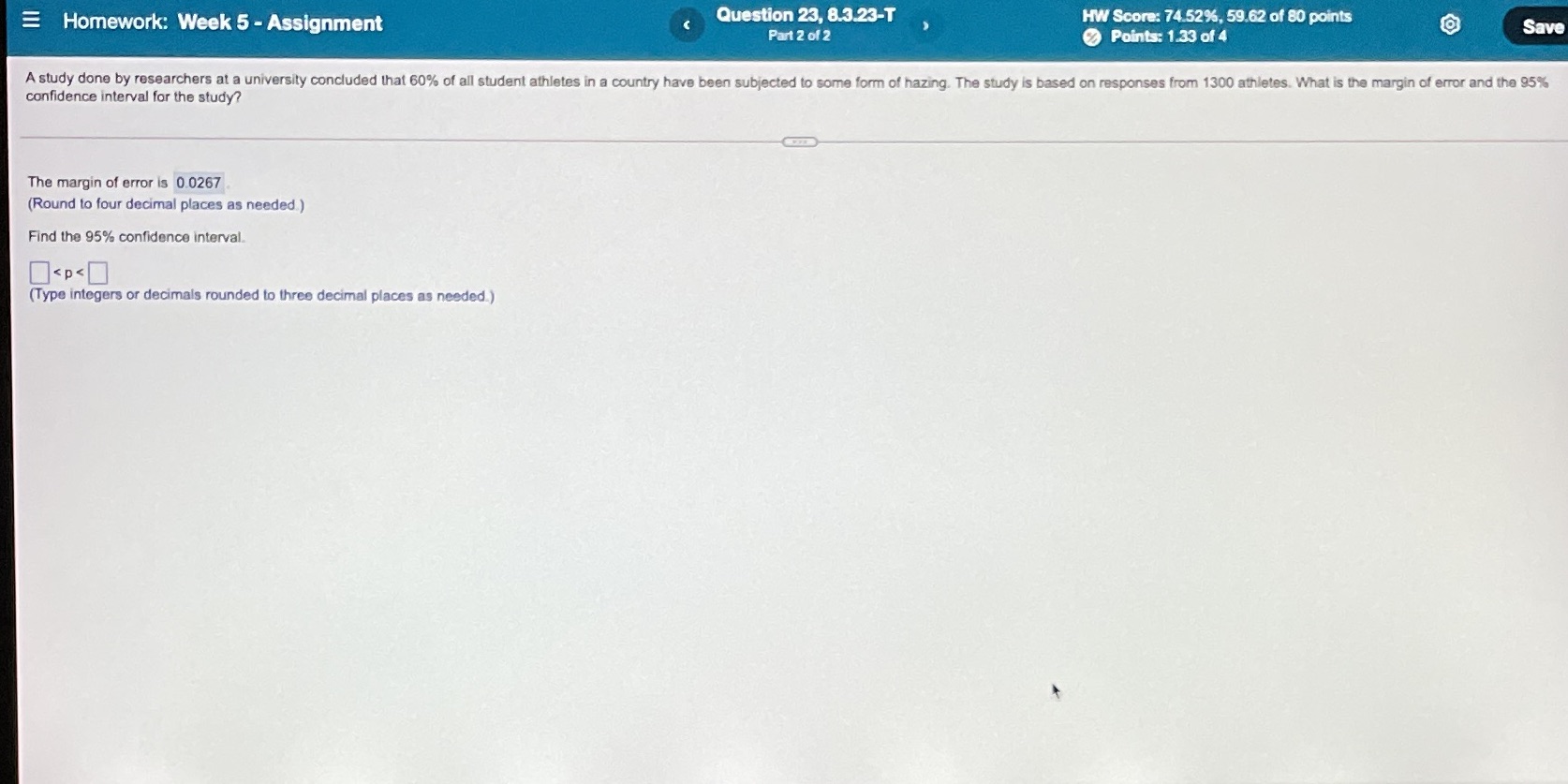 Homework: Week 5 - Assignment Question 23, 8.3.23-T HW Score: 74.52%,