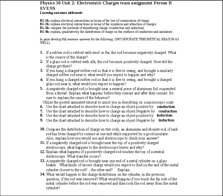 Learning outcomes addressed: B1-1k: explain electrical interactions in terms of the law