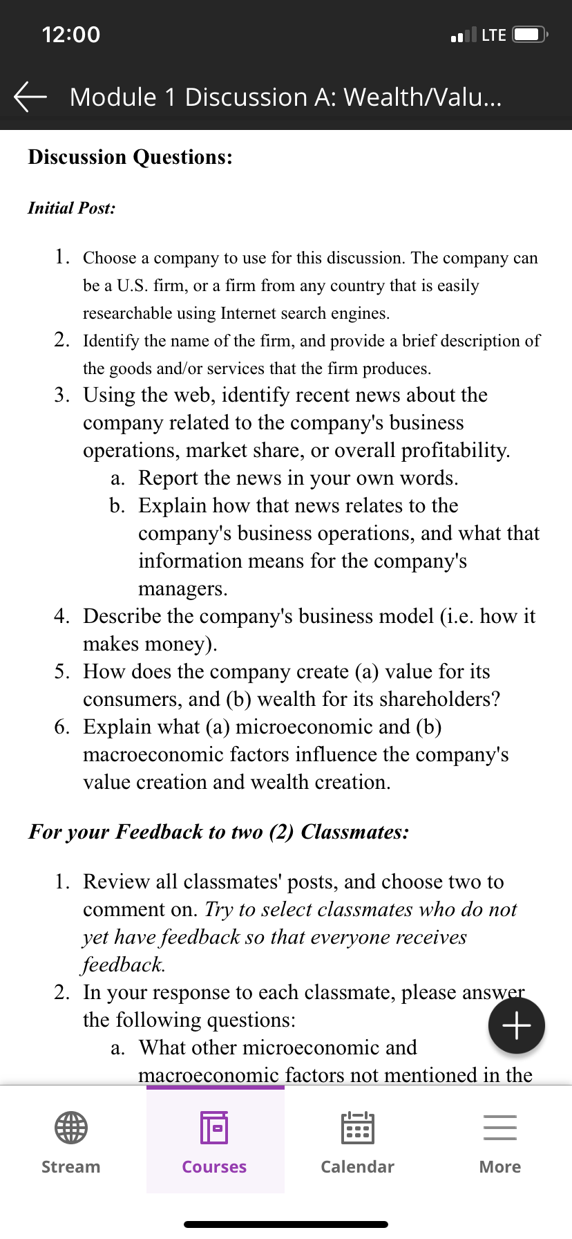  12:00 a LTE - 6 Module 1 Discussion A: Wealth/Valu... Discussion