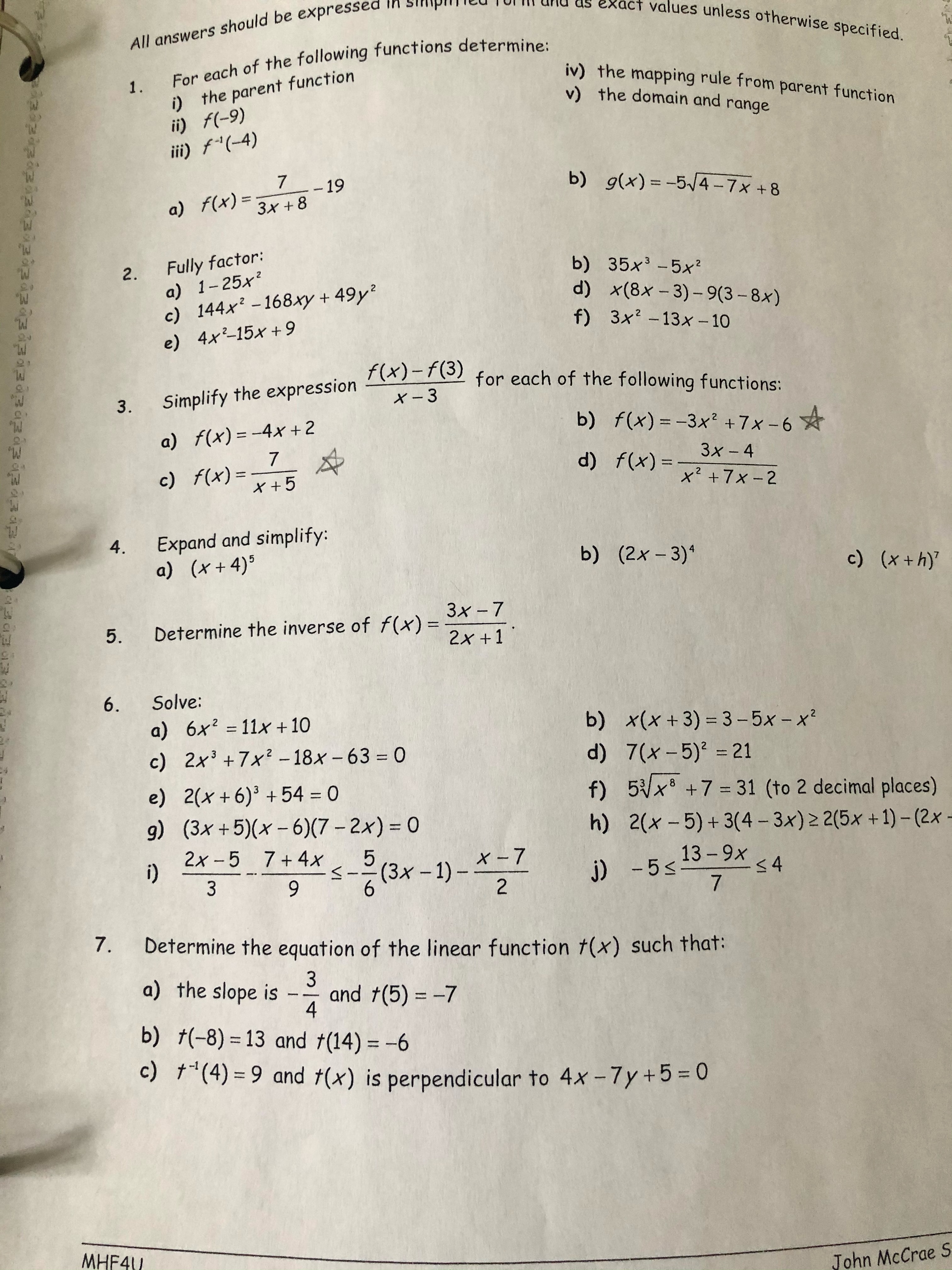 second image. 7. Determine the equation of the transformed y = x*