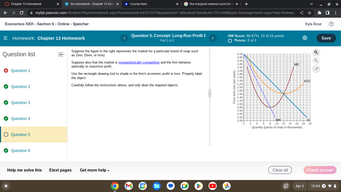 x Course Hero G the marginal revenue curve for tl x +