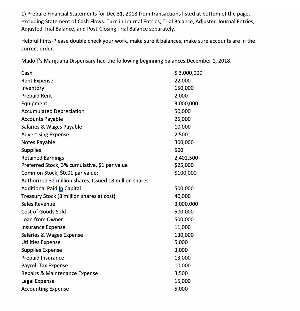 1) Prepare Financial Statements for Dec 31, 2018 from transactions listed at