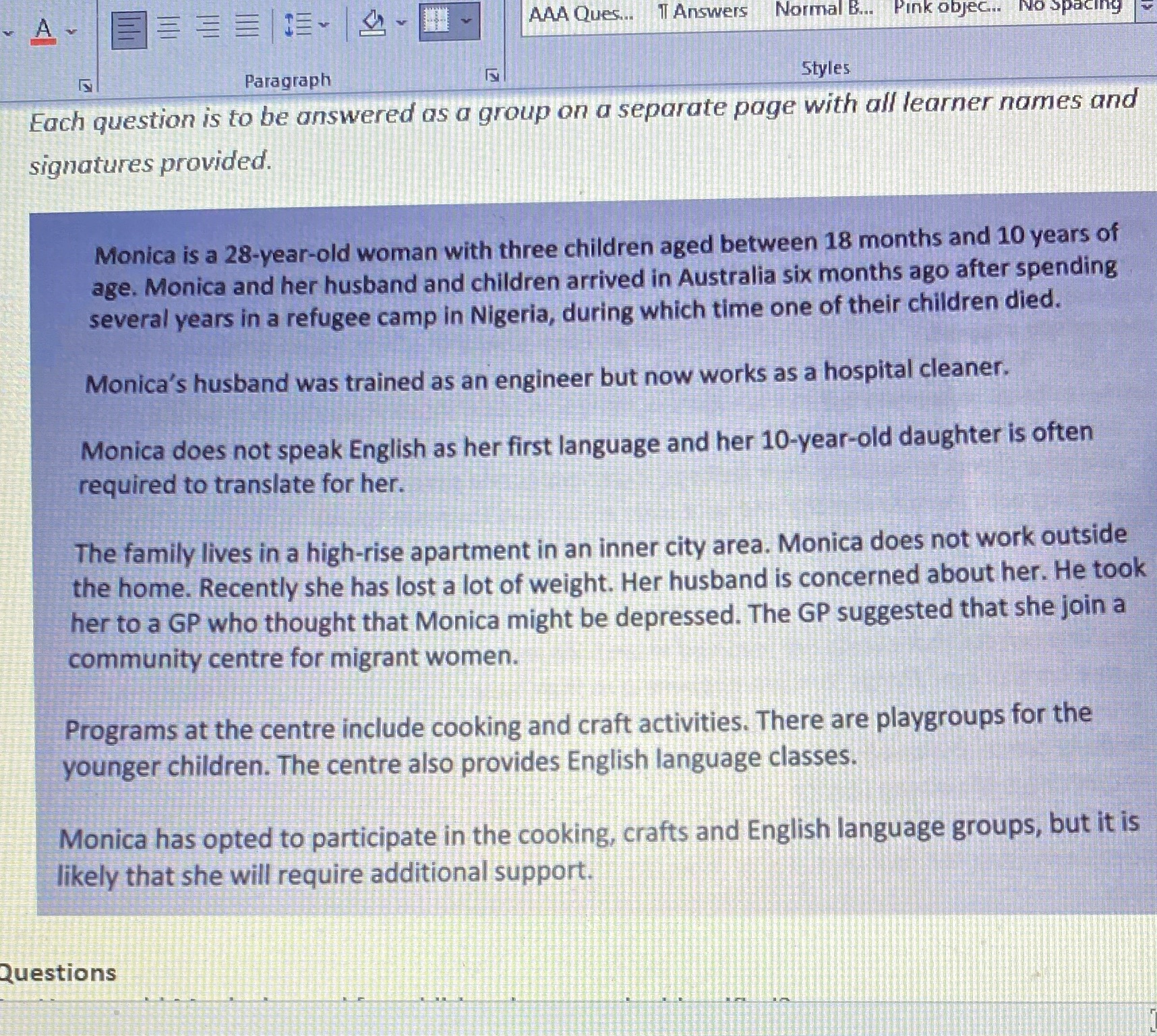 AAA Ques... T Answers Normal B... Pink object. No Spacing Paragraph