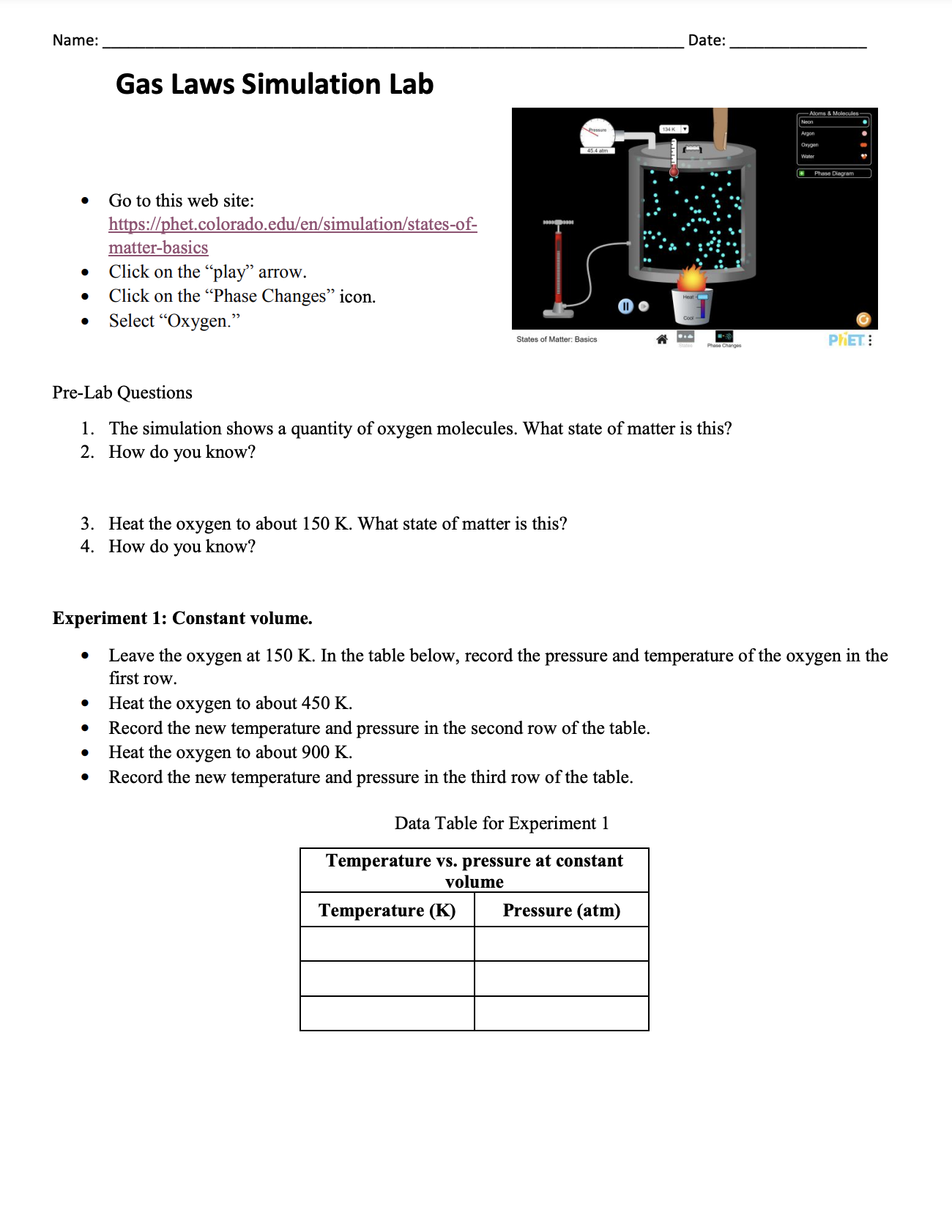  Name: Date: Gas Laws Simulation Lab . Go to this web