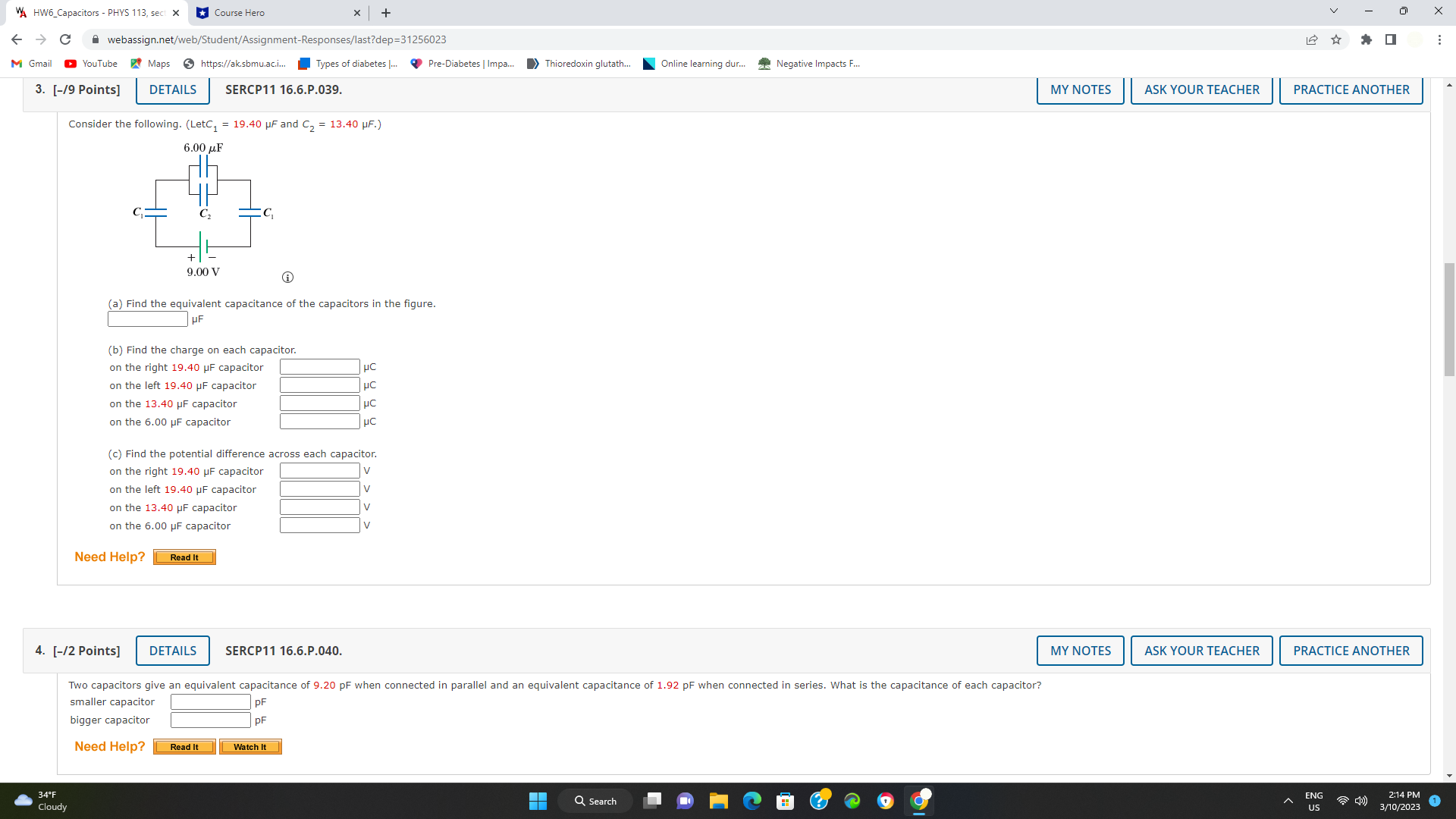 + X - > C A webassign.net/web/Student/Assignment-Responses/last?dep=31256023 ... M Gmail YouTube V