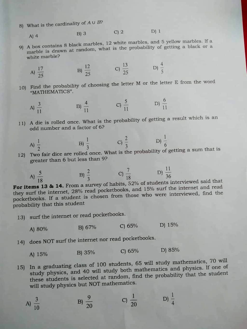 probability! Activity 9. Solve the following problems: 1) Out of the 45