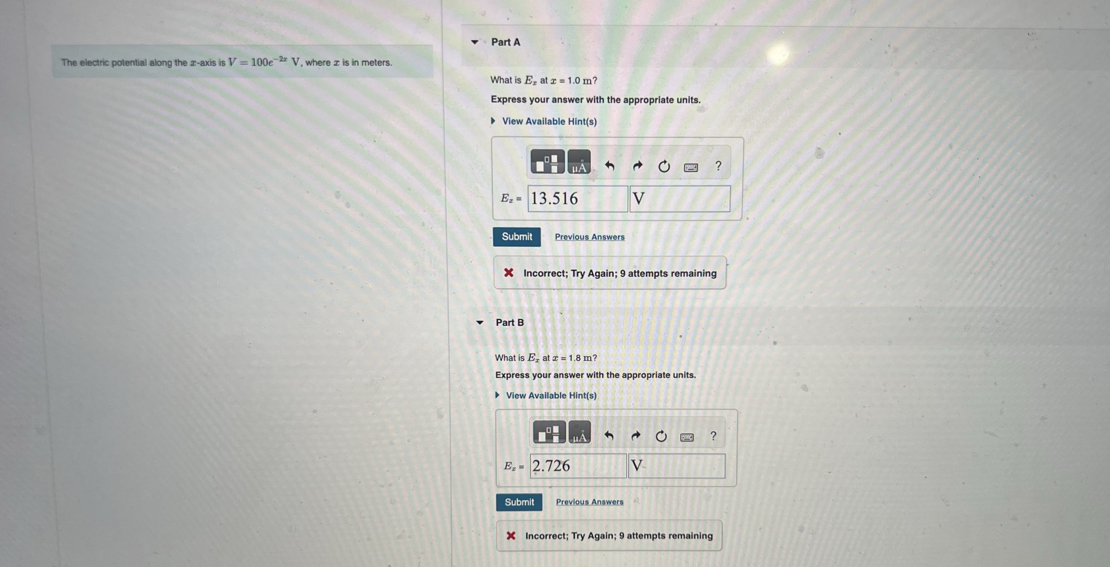  " Part A The electric potential along the x-axis is V
