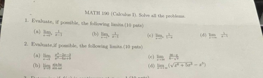 Please solve exercises 1 and 2 . Thank you! MATH 190 (Calculus