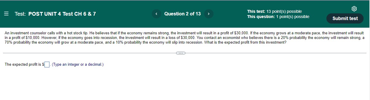 test: 13 point(s) possible This question: 1 point(s) possible Submit tes The