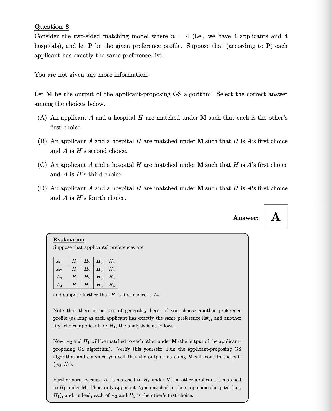 Question 8 Consider the two-sided matching model where n = 4