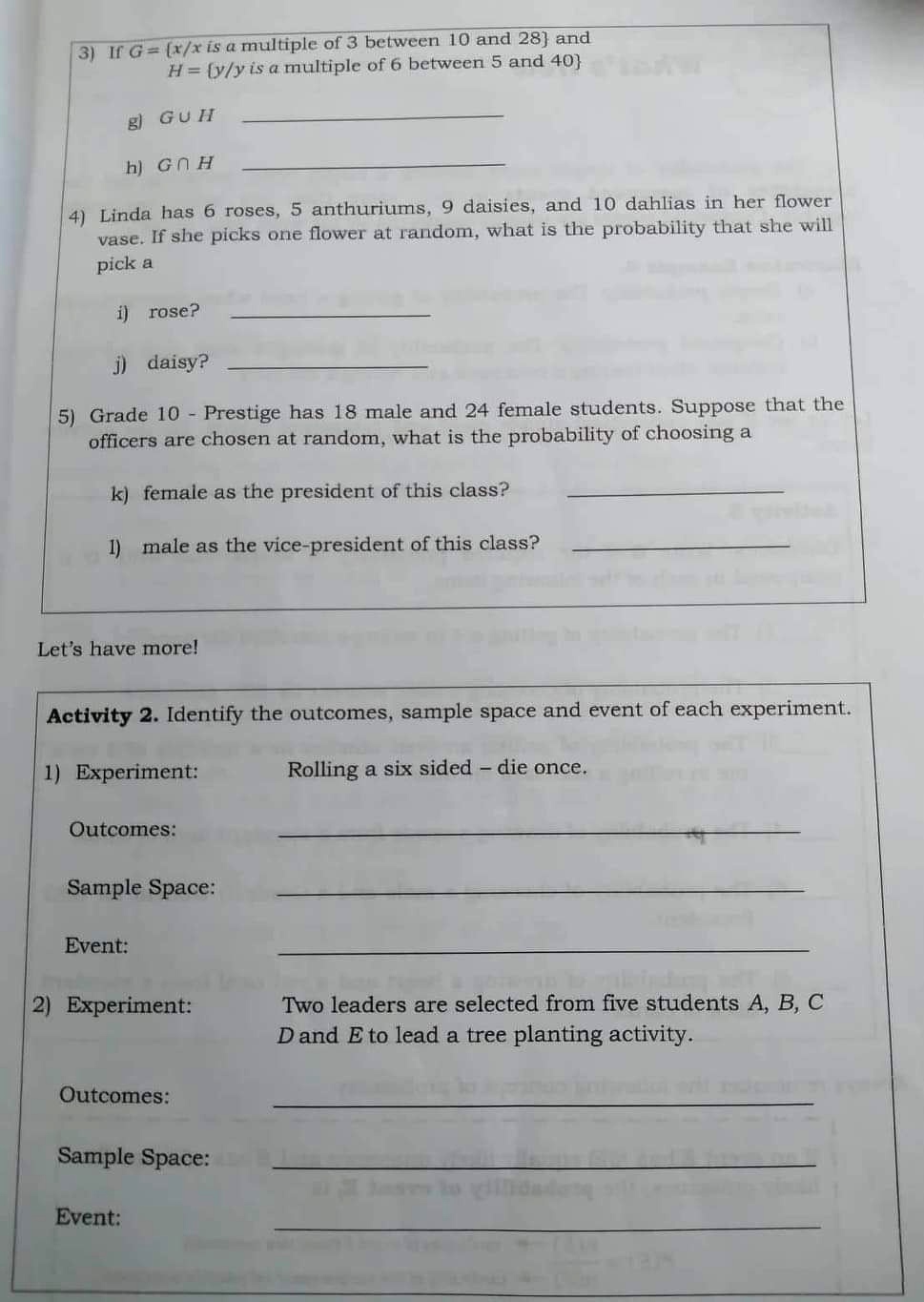 Subject: Probability and Statistics** Activity 1. Answer what is asked. 1)